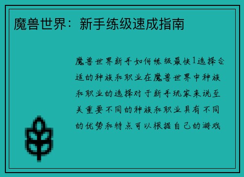 魔兽世界：新手练级速成指南